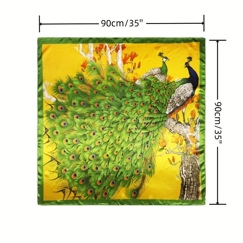 Peacock Printed Square Scarf Silk Satin Scarf Multifunction Sunscreen Shawl
