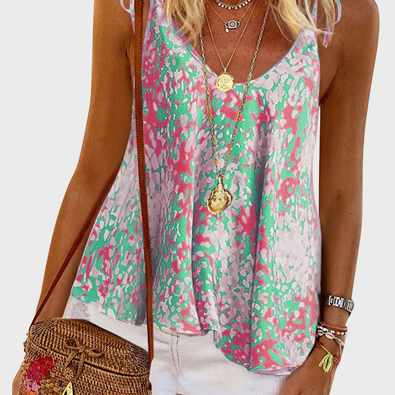 Floral Print V Neck Cami Top Lace Up Sleeveless