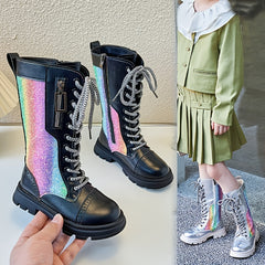 Girls' Mid Calf Faux Leather Boots with Wedge Heel