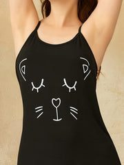 Cat Print Nightdress Crew Neck Spaghetti Strap Sleep Dress