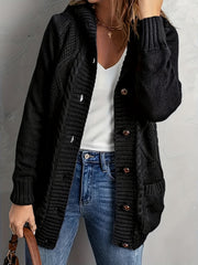 Solid Button Up Cable Long Sleeve Hooded Cardigan With Pockets