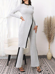 Casual Two Piece Set: Mock Neck Top & Flare Leg Pants