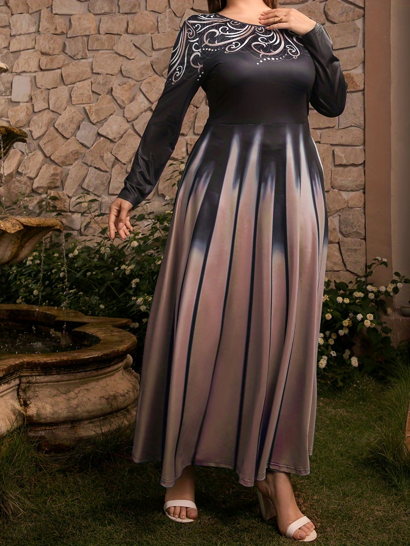 Romantic Abaya Dress Women's Plus Graphic Print Long Sleeve