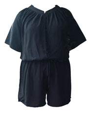 Women's Plus Size Button Up Short Sleeve Drawstring Waist Romper