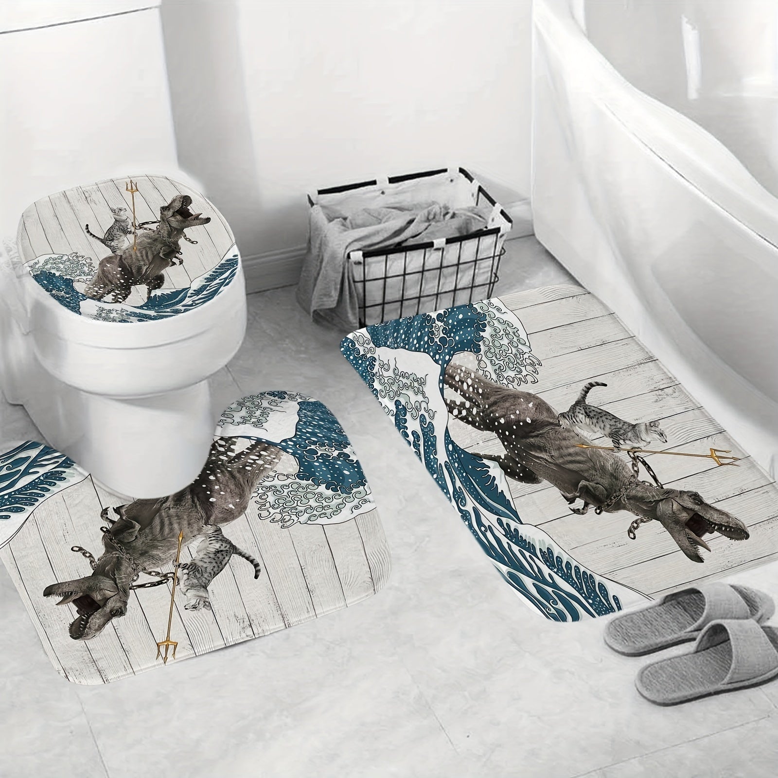 Cat Dinosaur Shower Curtain Set + Bath Mat + 12 Hooks - 71x71