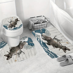 Cat Dinosaur Shower Curtain Set + Bath Mat + 12 Hooks - 71x71
