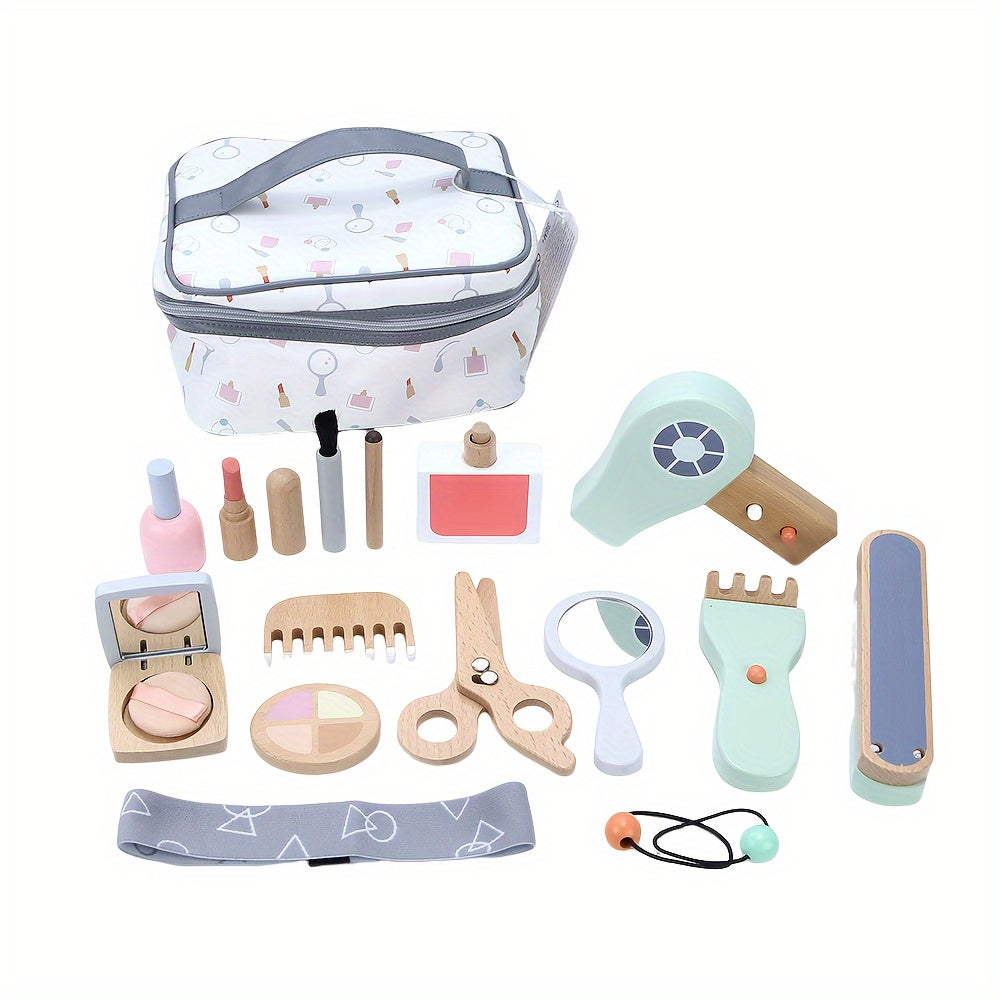 15pcs Wooden Playhouse Haircut & Makeup Set for Boys and Girls