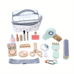 15pcs Wooden Playhouse Haircut & Makeup Set for Boys and Girls