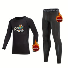2pcs Kids Compression Fleece Sets Street Bear Pattern Crew Neck Pullover