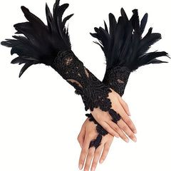 Women's Lace Gloves With Faux Feather for Wedding Prom Party