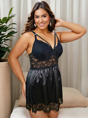 Sexy Lace Bow Front Satin Strappy Lingerie Dress