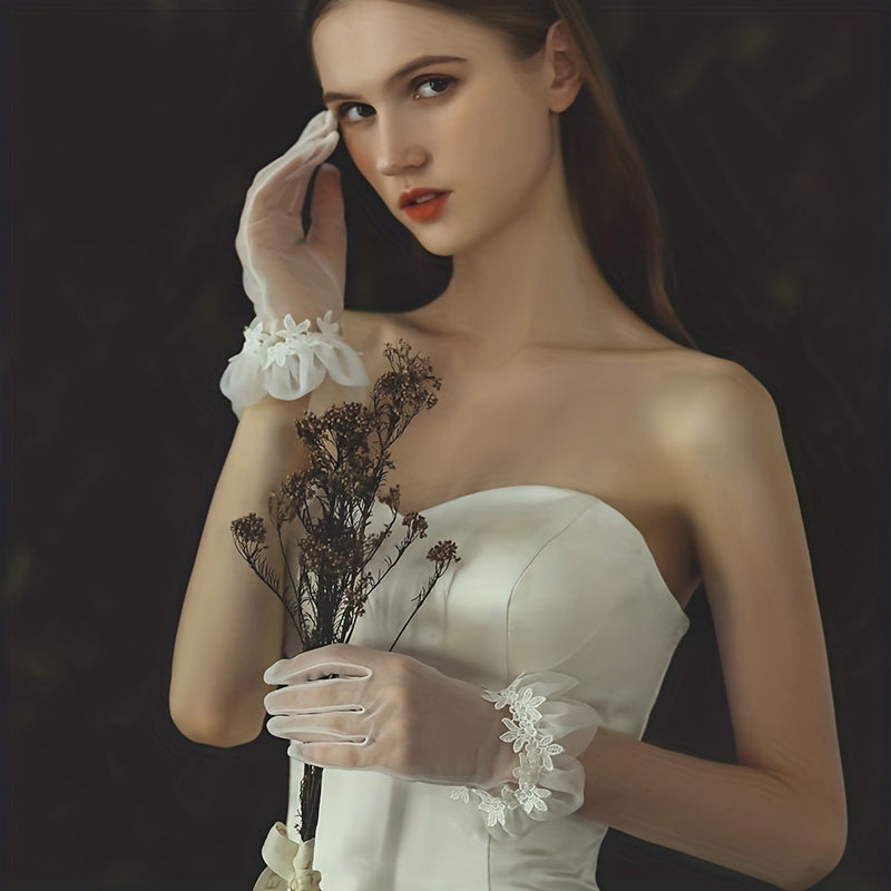 Mesh Flower Embroidery Wedding Dress Gloves Women