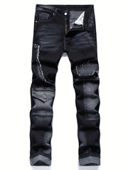 Men's Patchwork Biker Jeans Medium Stretch Denim Pants