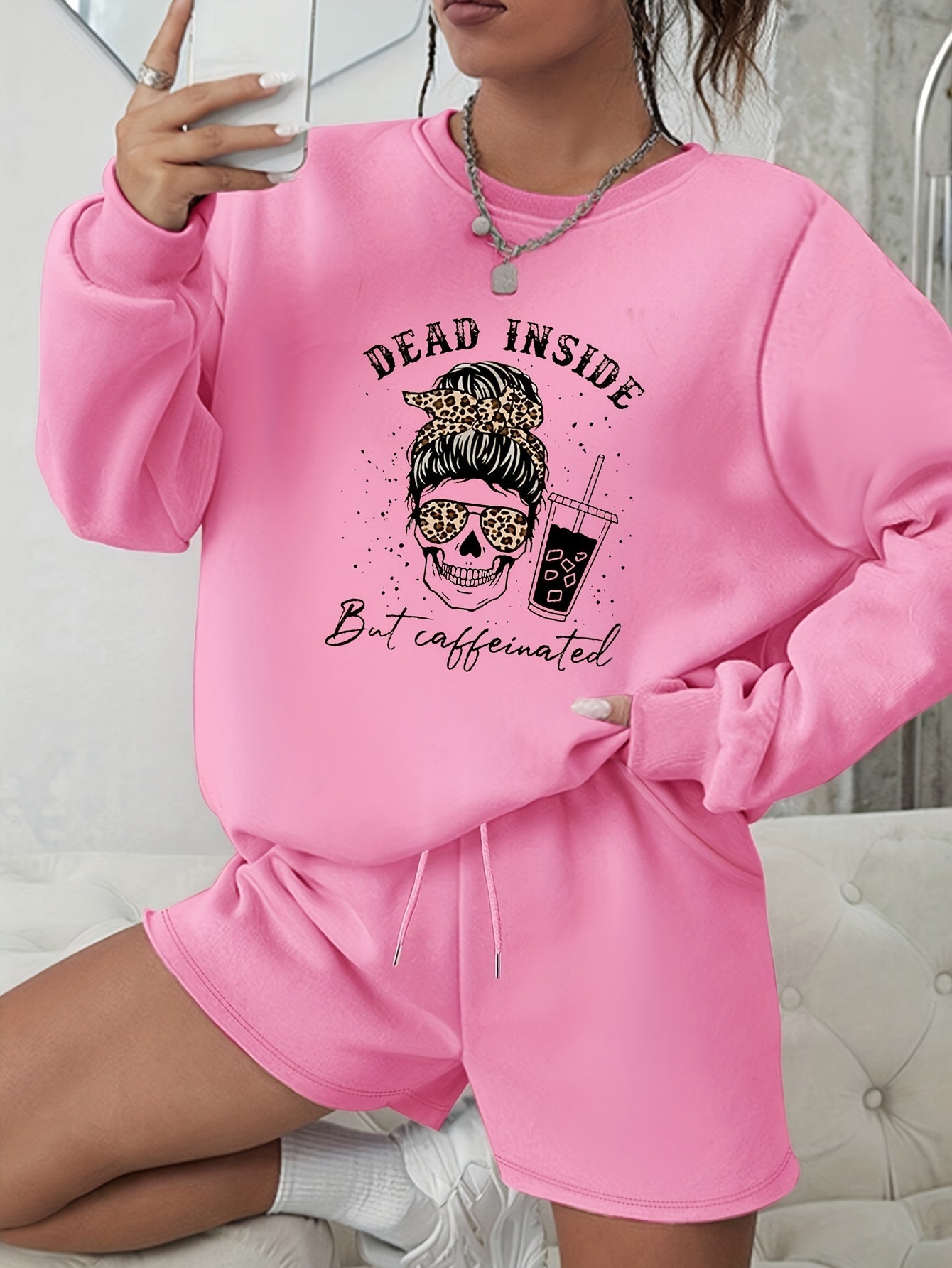 Women's Plus Skull Print Long Sleeve Sweatshirt & Shorts Set