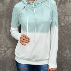 Two Tone Zipper Hooded Sweatshirt Block Pullover Top Women's Activewear