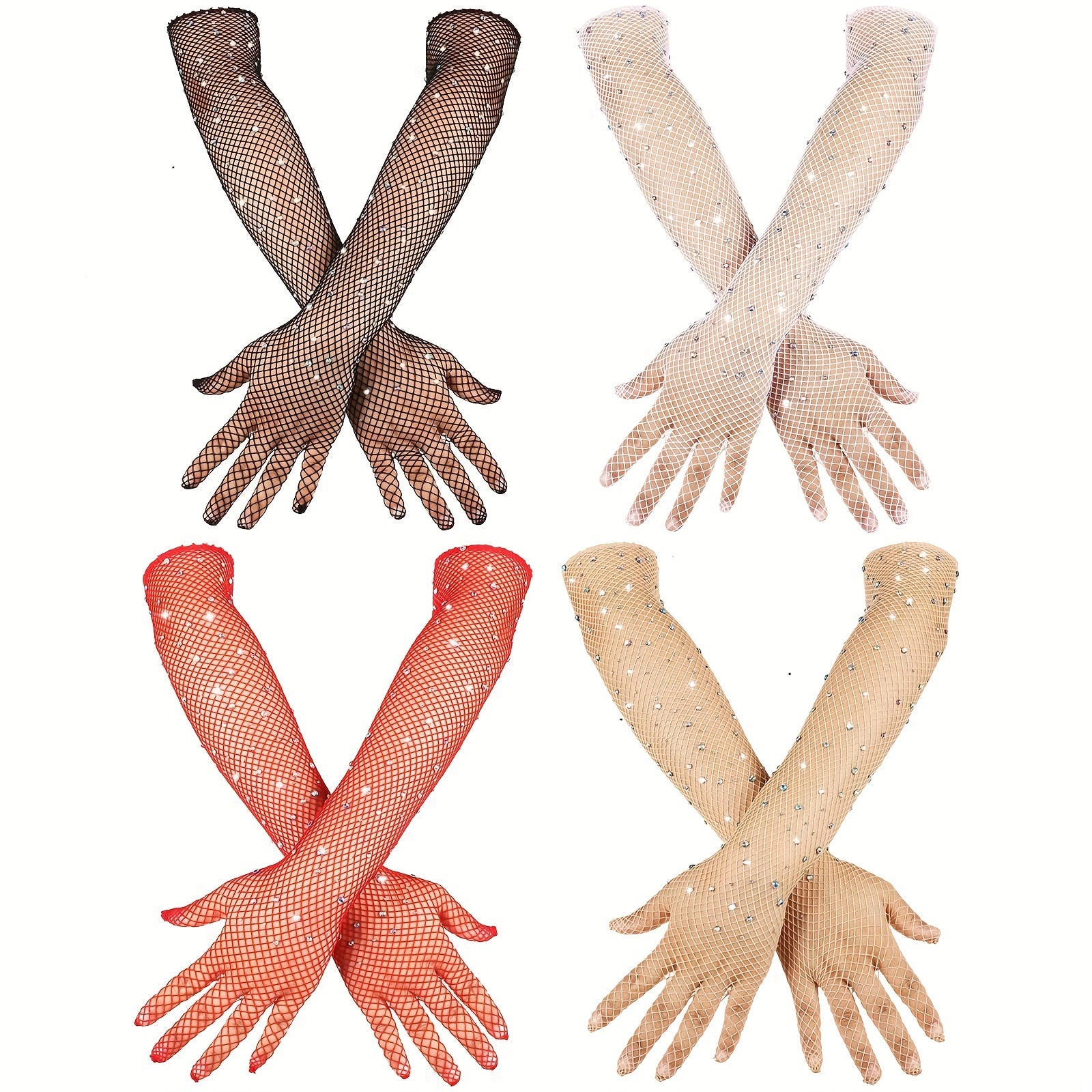 Rhinestone Diamond Mesh Gloves Bungee Stretch Long Full Finger Gloves