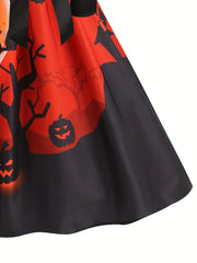Plus Size Gothic Halloween Dress Colorblock Pumpkin Print Swing Party Dress