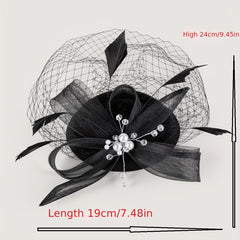 Women Faux Feather Mesh Head Piece Faux Pearl Rhinestone Head Jewelry