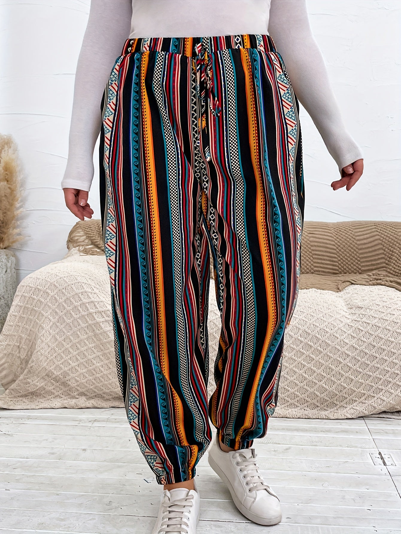 Ethnic Style Pants Women's Plus Patchwork Print Elastic High Rise