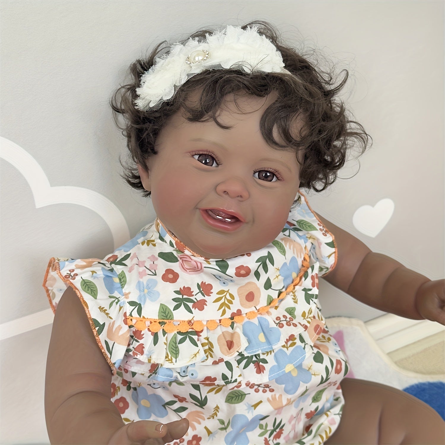 Adorable 24" Reborn Doll Smiling Face Dark Brown Skin Hand Rooted Hair