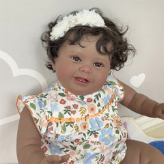 Adorable 24" Reborn Doll Smiling Face Dark Brown Skin Hand Rooted Hair