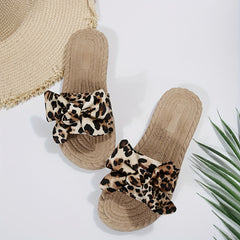 Leopard Pattern Bowknot Beach Slippers Flat Summer Slippers