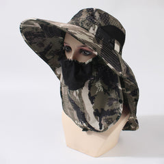 Camouflage Casual Bucket Hat With Mask Neck Flap Wide Brim UV Protection Sun Hat