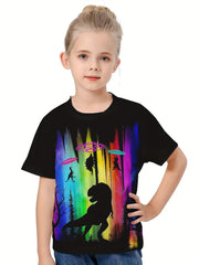 Rainbow Dino Graphic Crew Neck T-shirt Girls Casual Summer Tops