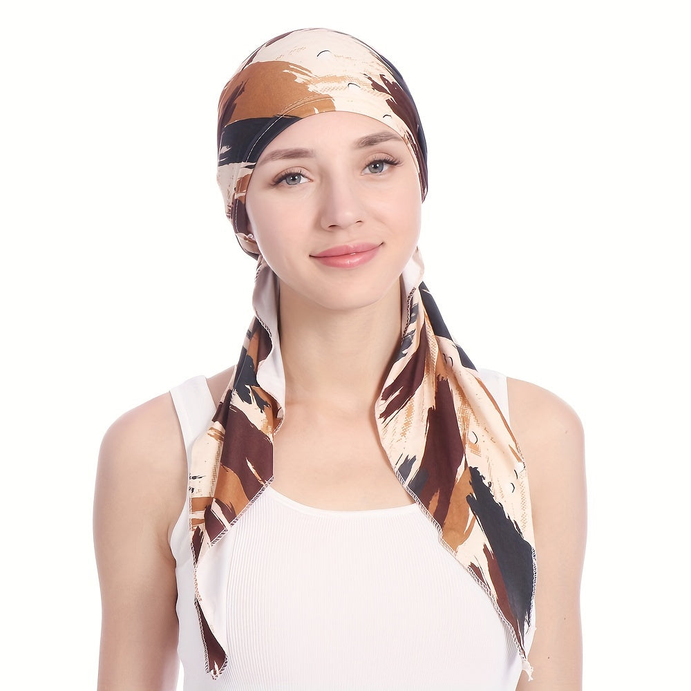 Stripe Leaf Print Bonnet Silk Head Wrap Boho Turban Soft Head Scarf
