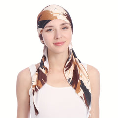 Stripe Leaf Print Bonnet Silk Head Wrap Boho Turban Soft Head Scarf