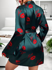 Women's Lips Print Lounge Robe Long Sleeve V Neck Home Robe