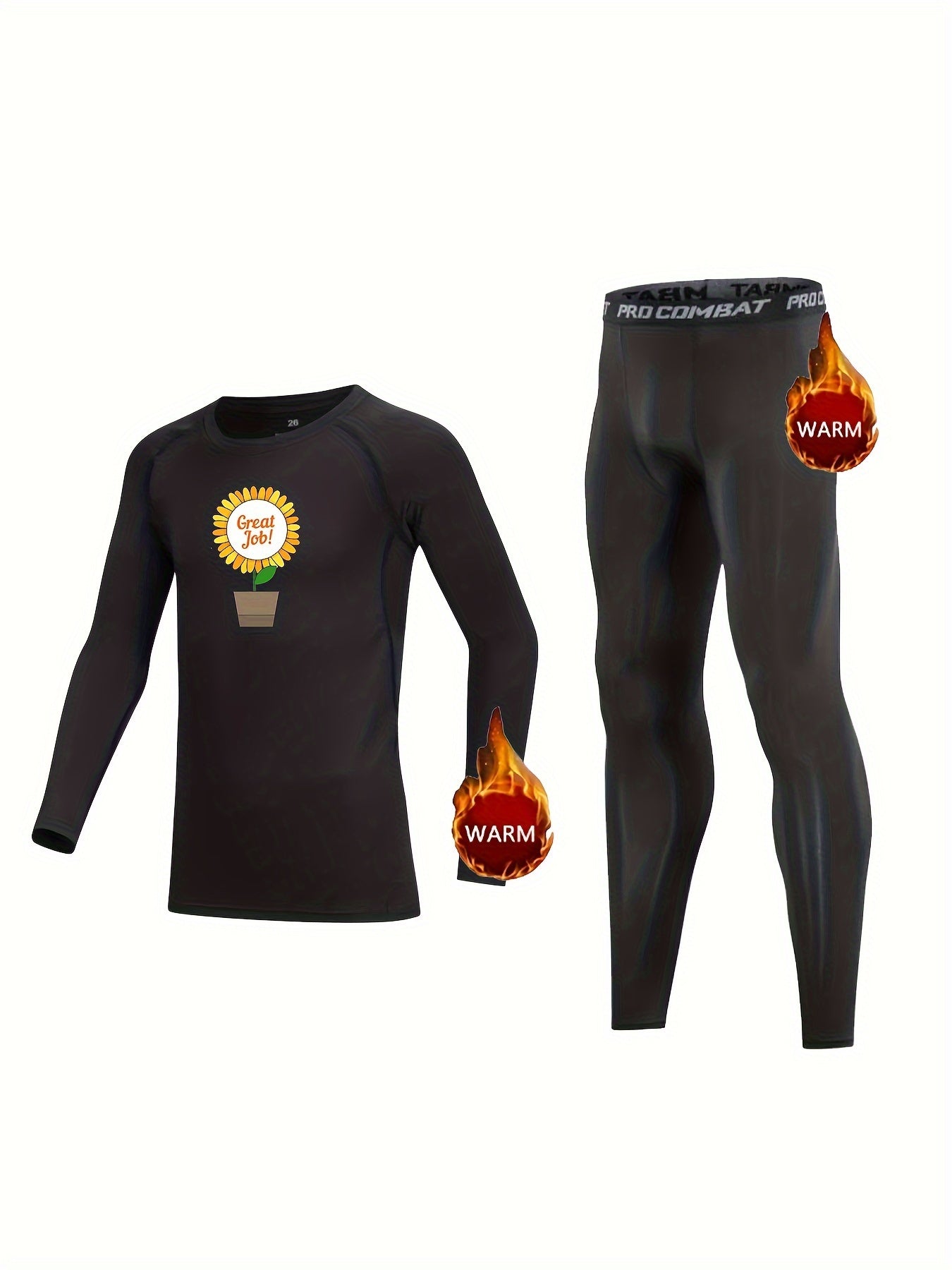 Kids Compression Fleece Set Sunflower Pattern Crew Neck Pullover & Pants