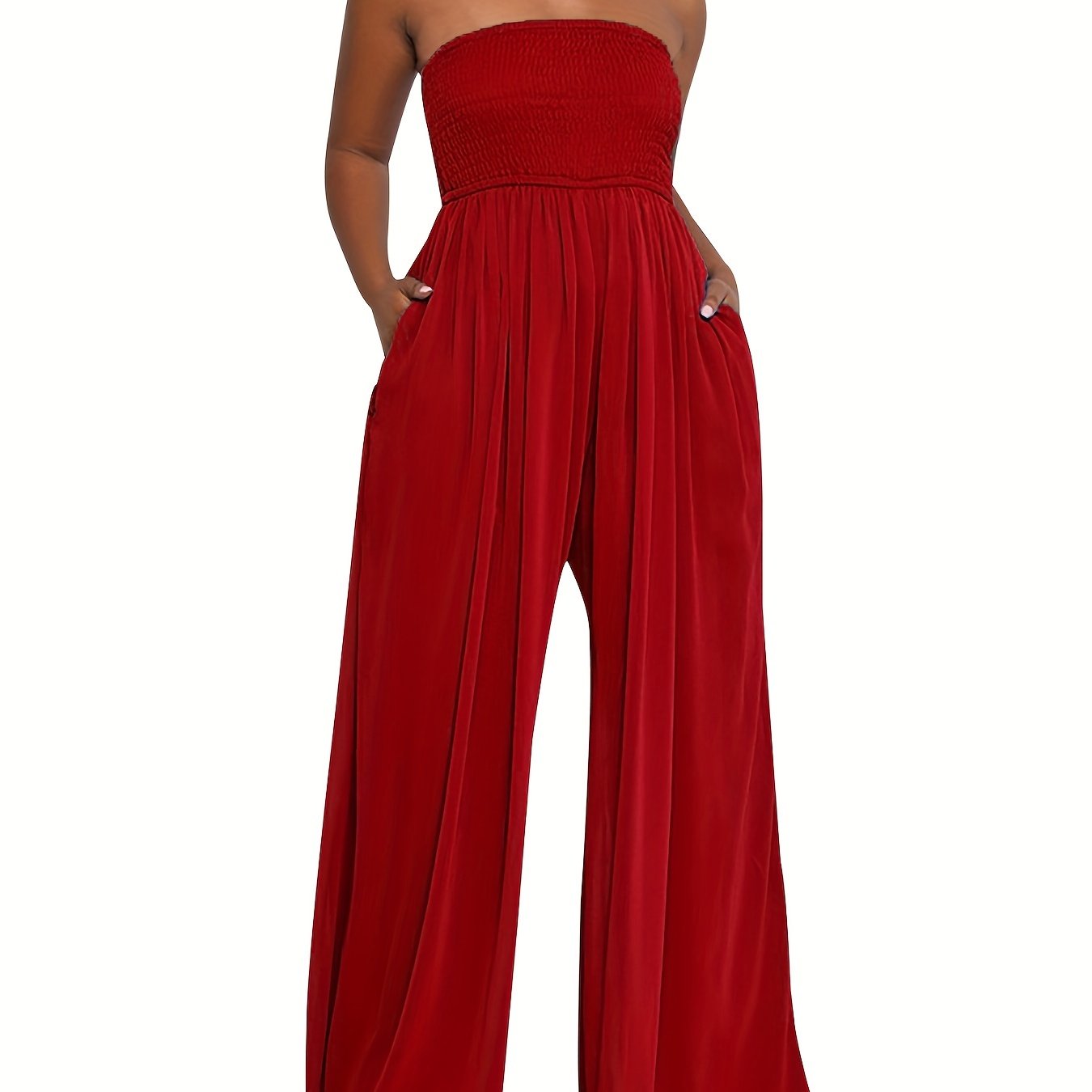 Shirred Wide Leg Tube Jumpsuit Backless Causal Jumpsuit