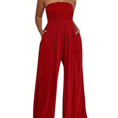 Shirred Wide Leg Tube Jumpsuit Backless Causal Jumpsuit