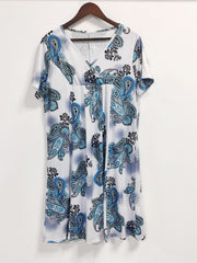 Women's Plus Paisley Print V Neck Pleated Loose Dress