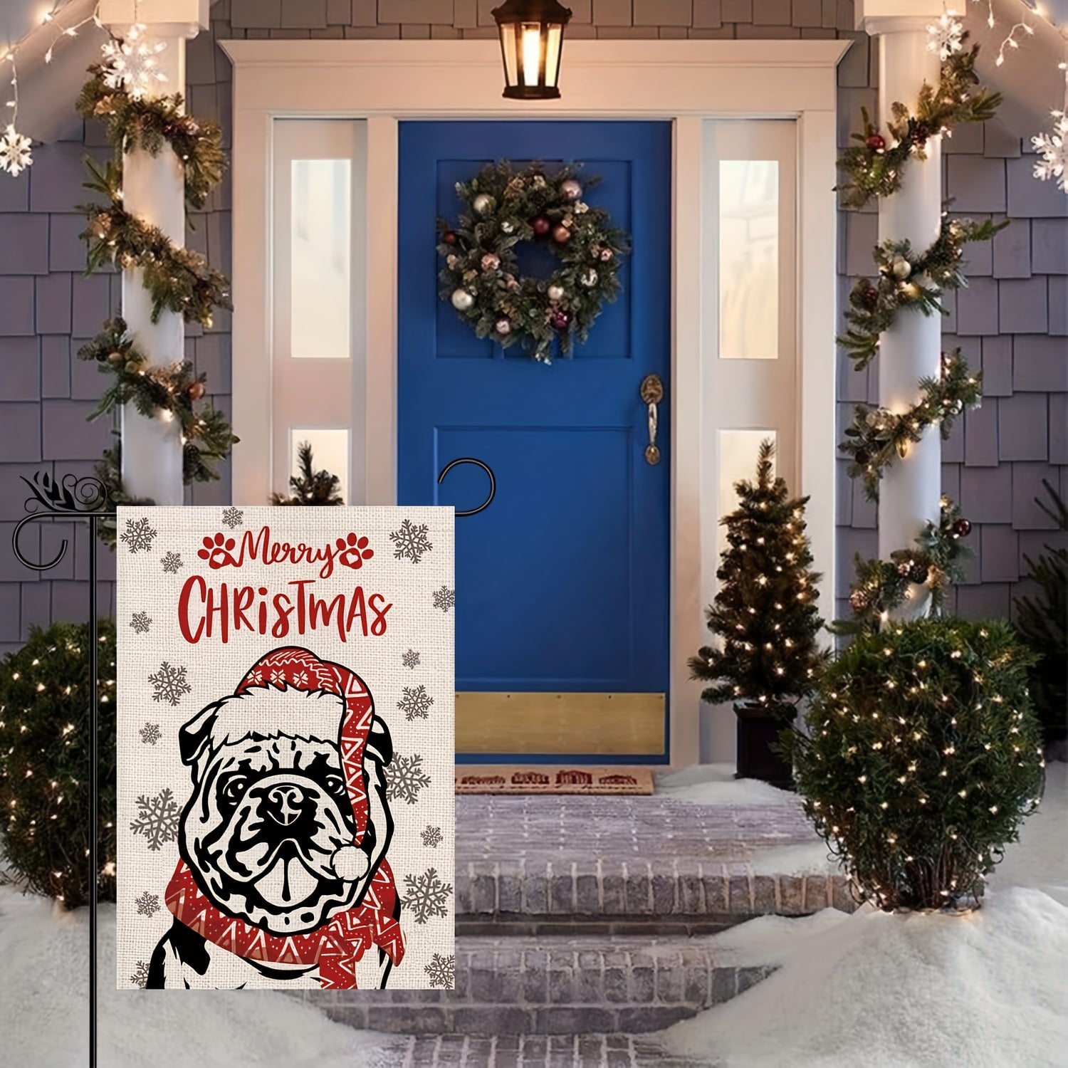 Christmas Bulldog Garden Flag - Xmas Winter Holiday Decoration