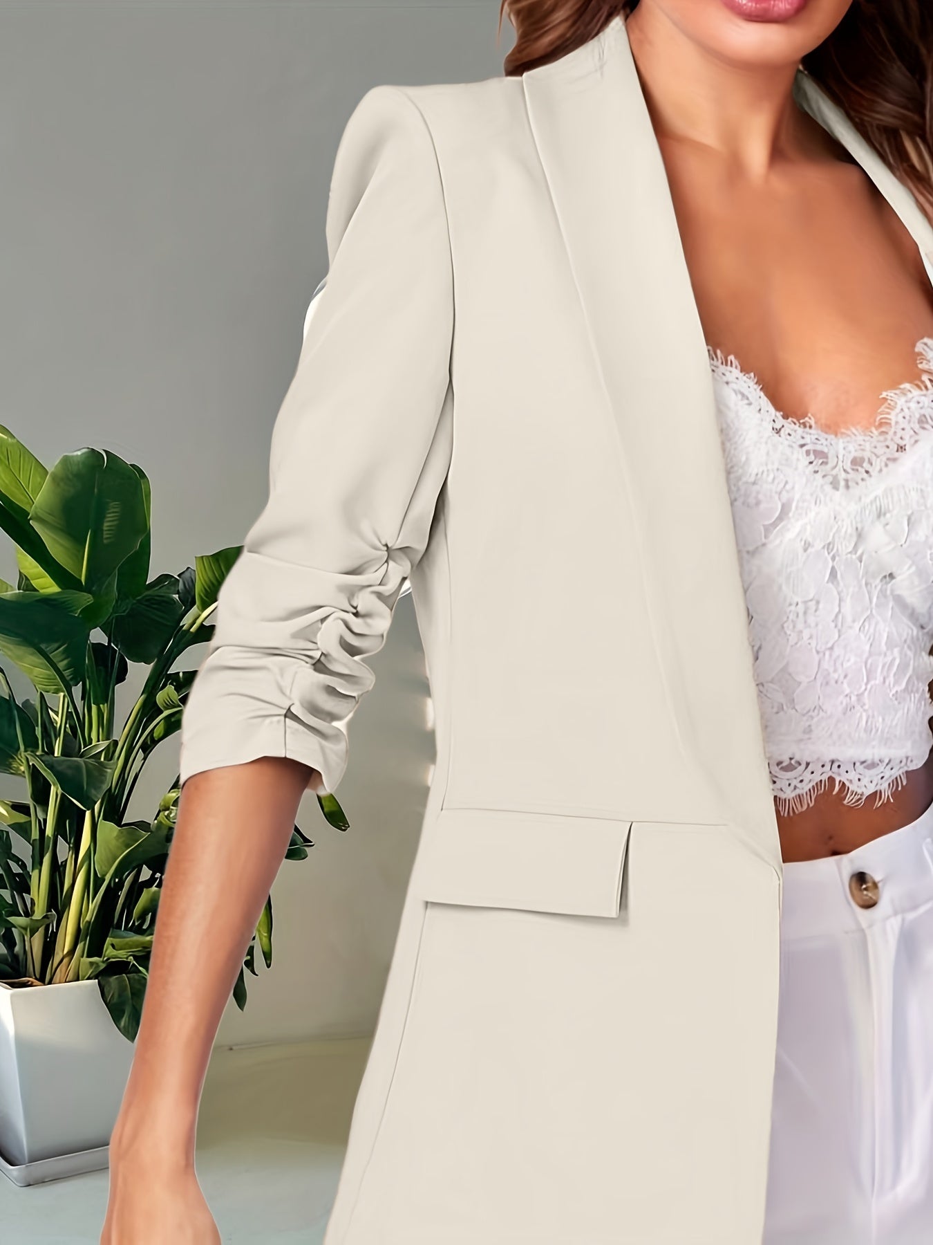 Lapel Collar Open Front Blazer Roll Up Sleeve Blazer