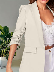 Lapel Collar Open Front Blazer Roll Up Sleeve Blazer