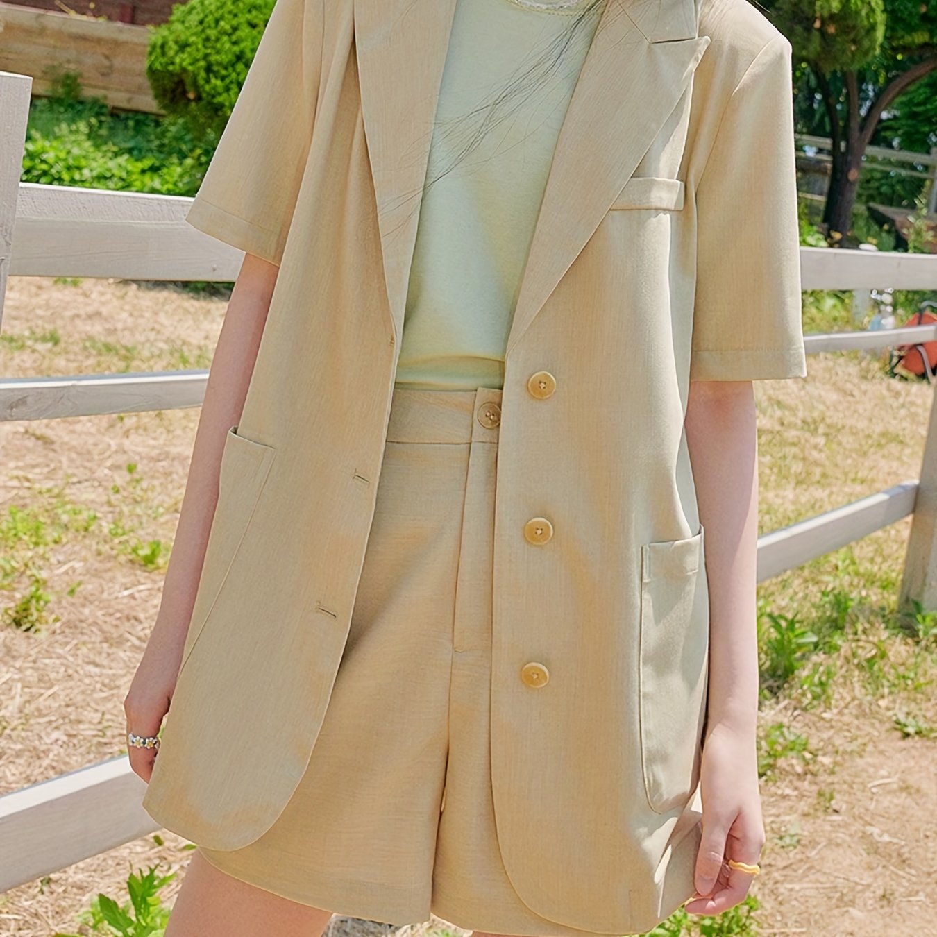 Short Sleeve Blazer Casual Button Front Solid Outerwear