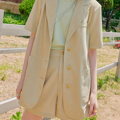 Short Sleeve Blazer Casual Button Front Solid Outerwear