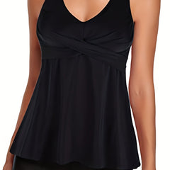 Plus Size Tankini Set Cross Front V Neck Cami Top & Shorts Swimsuit