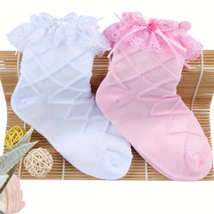 3 Pairs Girls Ruffle Lace Trims Bow Dance Socks Thin Crew Socks