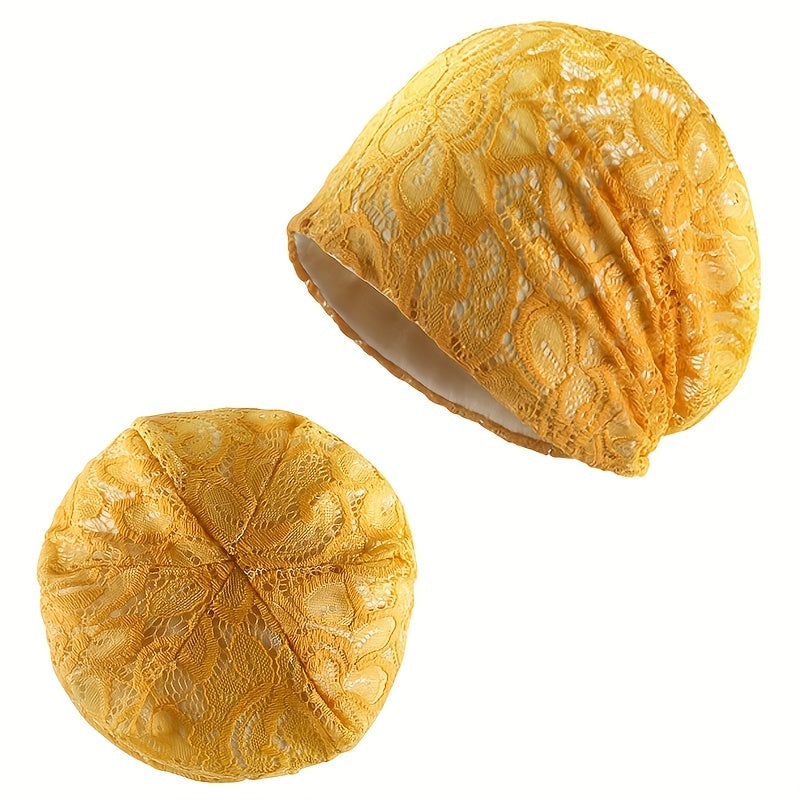 Yellow Lace Flower Beanie Skull Cap for Women Men