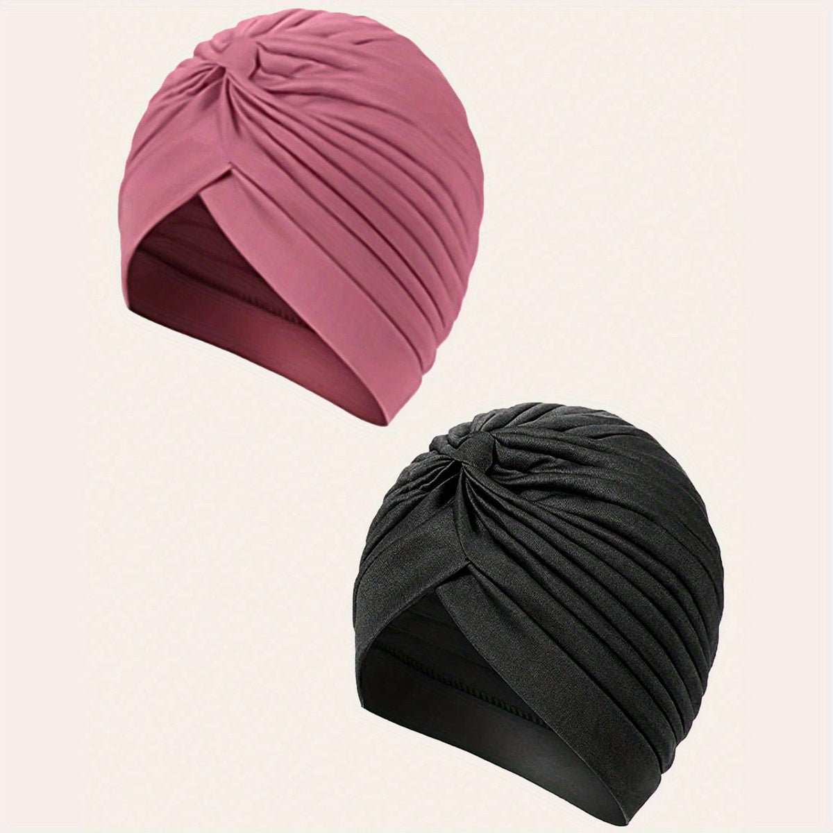 2pcs Rose Red Turban Cap BowKnot Pleated Head Wraps Elastic Head Scarf Solid
