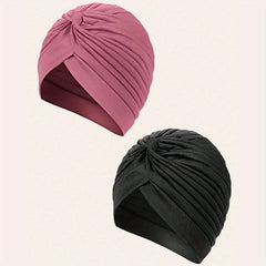 2pcs Rose Red Turban Cap BowKnot Pleated Head Wraps Elastic Head Scarf Solid