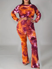 Women's Plus Tie Dye 2-Piece Set - Long Sleeve Top & Flared Leg Pants