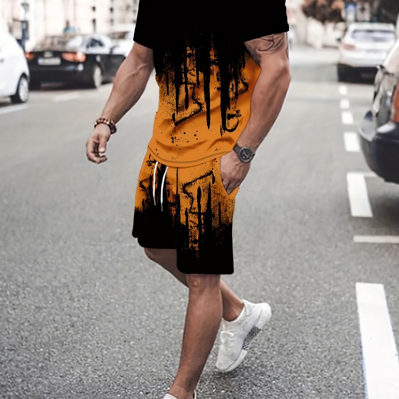 Men's Block Pattern Print 2-Piece Outfit Short Sleeve T-Shirt and Shorts Set