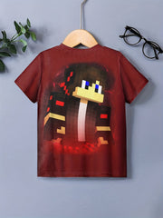 Pixel Character Print Tee Tops Boys Round Neck Casual Short Sleeve T shirt