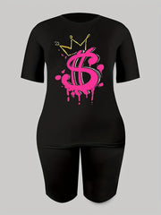 2pcs Summer Dollar Graphic T shirts & Solid Shorts Women's Activewear