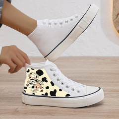 Cow Print Plush Lined Chunky Canvas Sneakers